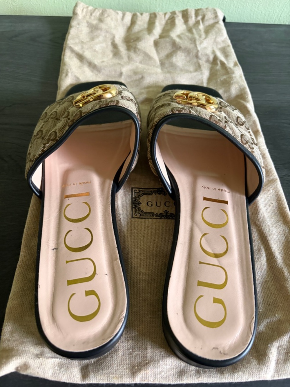 Gucci Brown GG Quilted Canvas Slide Sandals with Gold Hardware - Picture 3 of 4